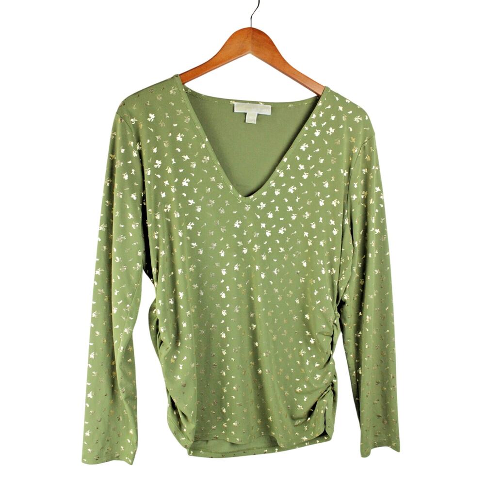 Michael Kors Long Sleeve V-Neck Tunic Blouse Green-Gold XL